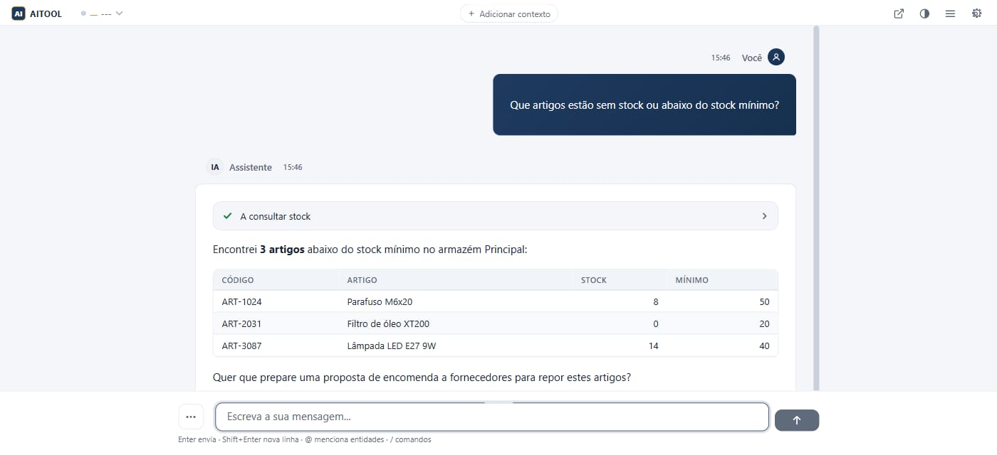 Captura de ecrã do chat do assistente de IA do AITOOL, dentro do ERP Primavera.