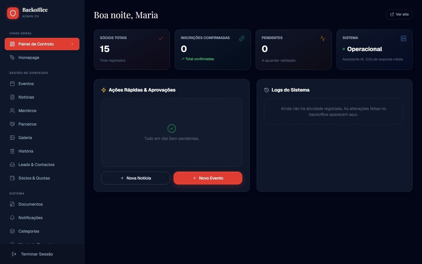 The back office dashboard in the dark theme: aggregate numbers for members and registrations, and the management sections in the side navigation.