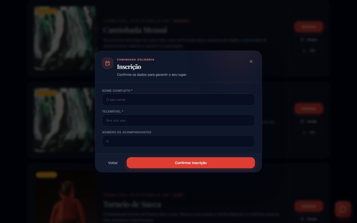 The registration dialog of an event, with the fields defined for that event and the confirm action.