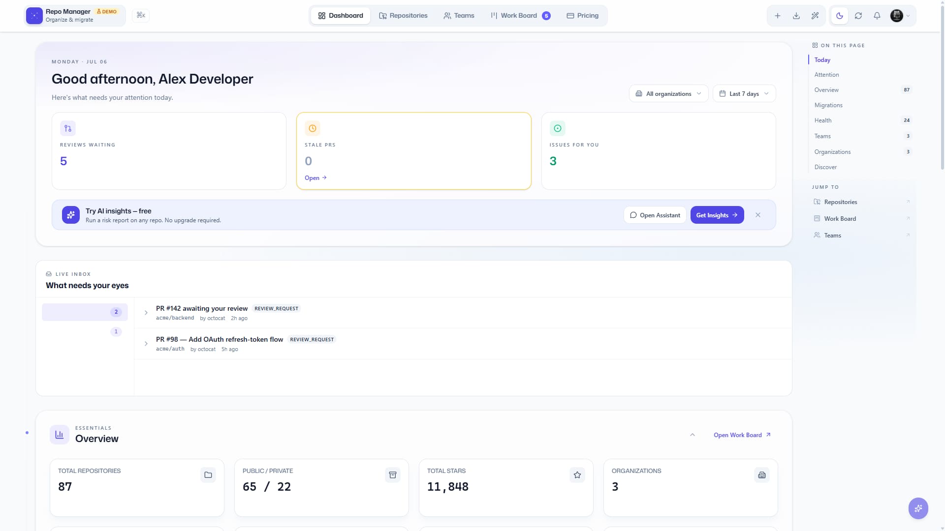 Captura de ecrã do dashboard do GitHub Repo Manager.