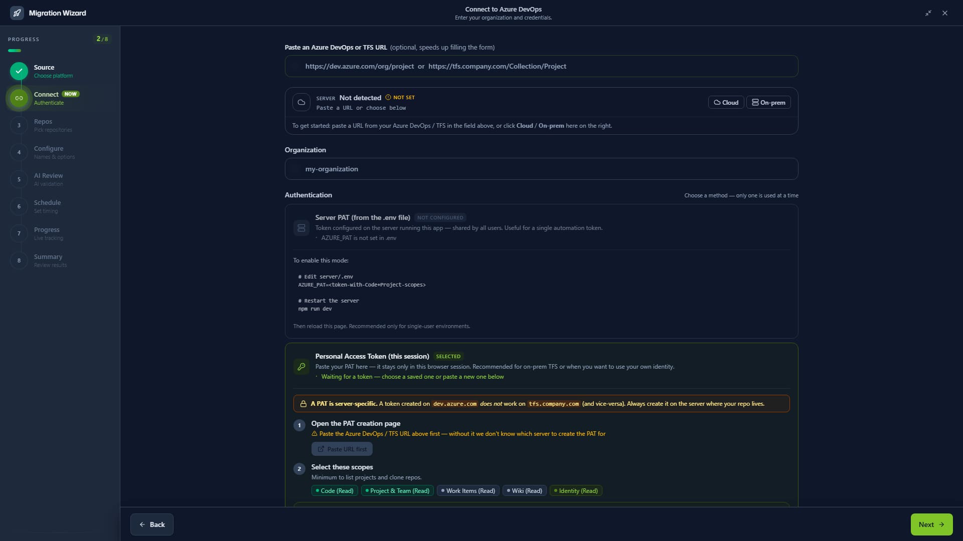 The migration wizard: source connection, repositories with risk badges, and the dry-run step.