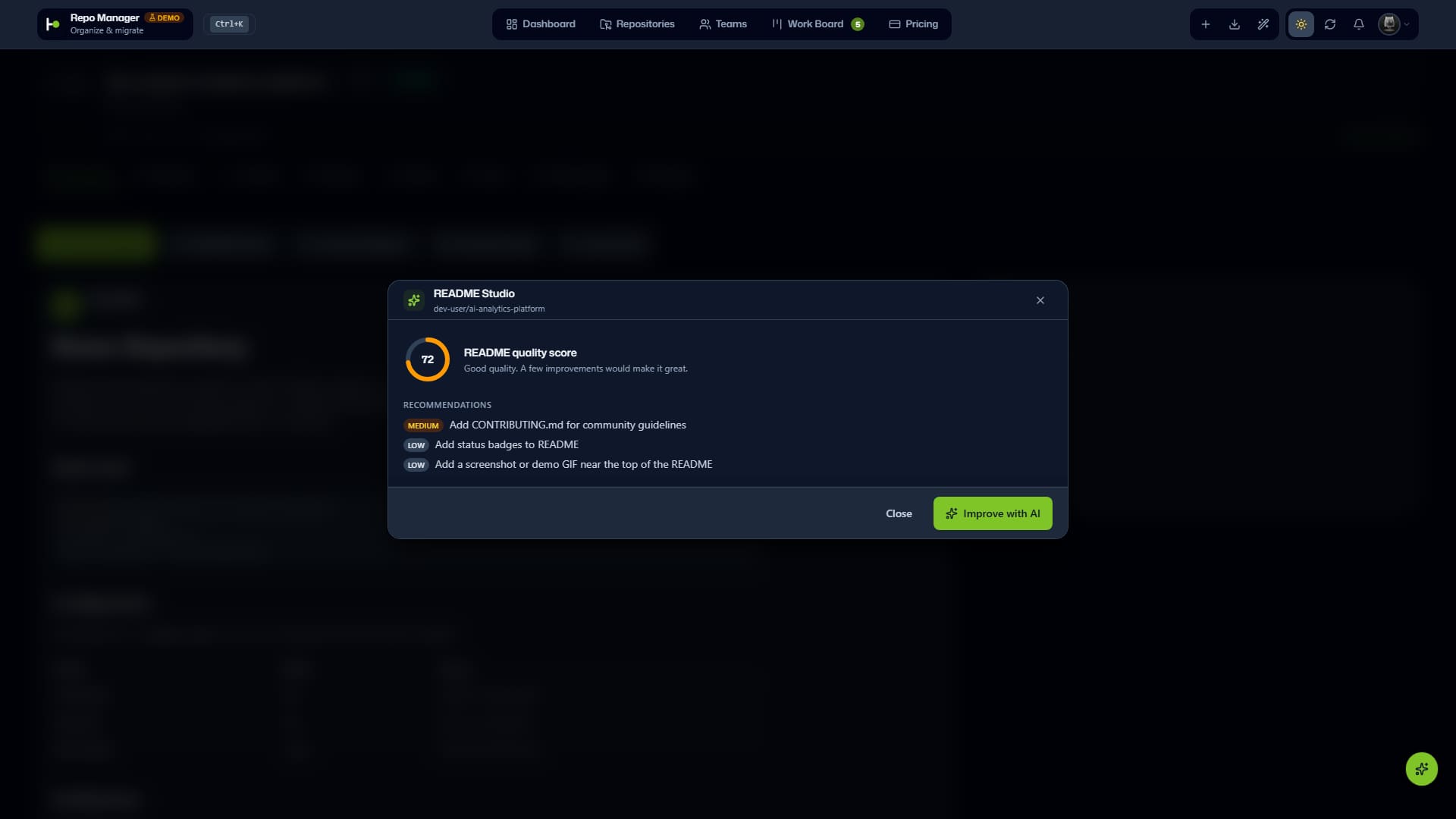 README Studio: a quality score ring with severity-tagged recommendations and an Improve with AI action.