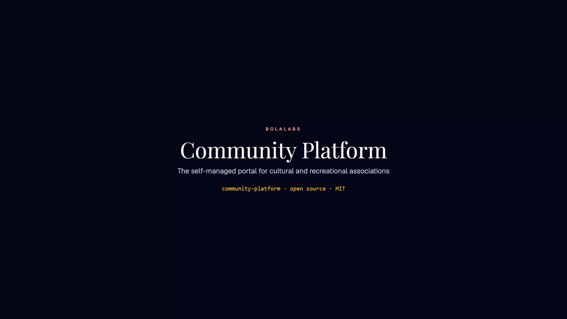 A silent one-minute tour of Community Platform: the public portal, events with registrations, the AI assistant, the member area and the back office where the board edits everything.